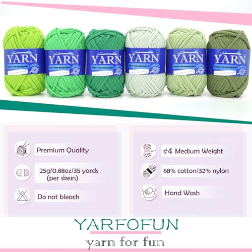 Image of Green Series 6 Pack Cotton Nylon Blend Yarn for Beginners - Easy Crochet & Knitting Kit with Clear Stitches