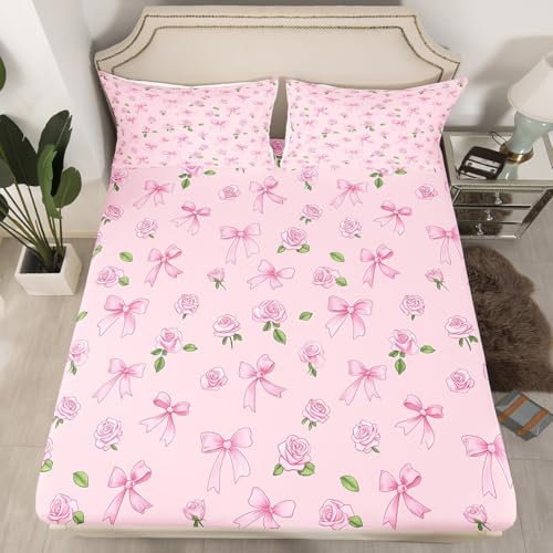 Cute Bowknot Fitted Sheet Twin,Pink Rose Flowers Bed Sheet 2 Pieces(No Flat Sheet),Romantic Botanical Floral Bedding Set for Kids Adults,Watercolor Girly Deep Pocket Sheett Room Decor
