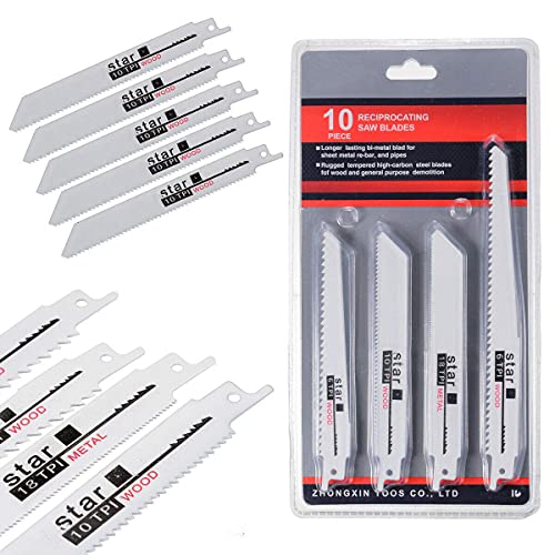 Tcatec Lot de 10 lames de scie alternative universelles en acier à haute teneur en carbone 6-20,3 cm 6TPI 8TPI 10TPI pour découpe du bois et du métal Compatible avec Bosch Dewalt Makita Cover