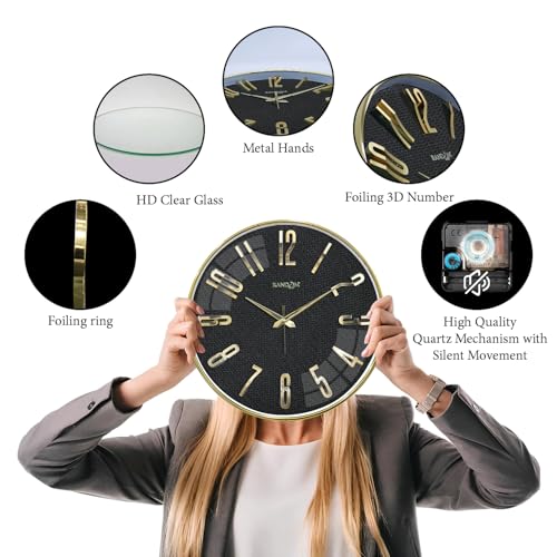 Image of RANDOM Silent Wall Clock, Non-Ticking Quartz Movement, Foiling Ring and 3D Numbers (Black)