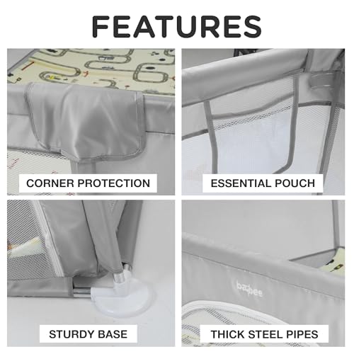 Image of Baybee Kids Playpen for Babies | Baby Play Area Indoor Setup with Zipper Door & Toys Pouch (Light Grey)