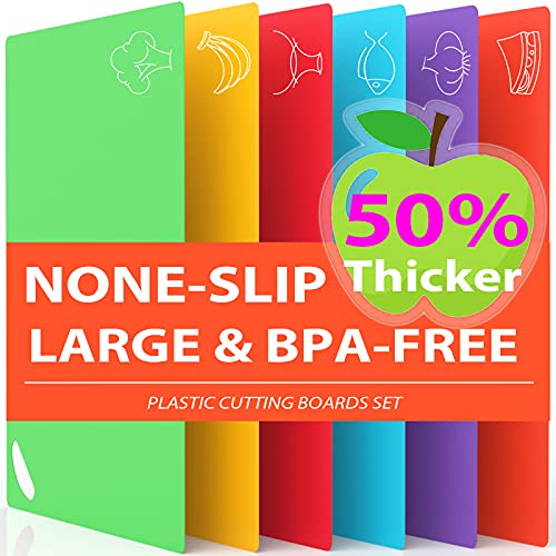 Flexible Plastic Cutting Board Mats Set for Kitchen, Thicker Cutting Sheets with Dishwasher Friendly, No-Porous, BPA-Free, EZ-Grip Handle (Set of 6 Colorful Food Icons) by CHIENTUNG