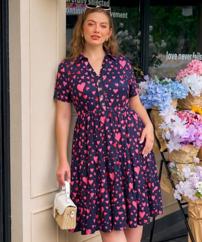 Image of CARCOS Plus Size Dresses for Curvy Women Collared Vneck Short Sleeve Dresses Midi Summer Ruffle Dress with Pocket XL-5XL