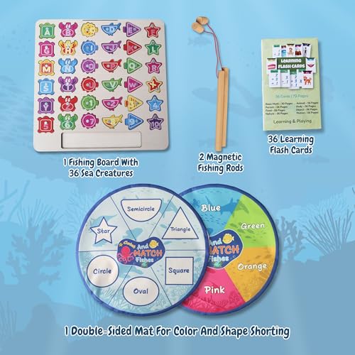 Image of Lefan Wooden 3in1 Fishing Rope Game - Educational Toys for 3 Year Old - Magnetic Rope, Spelling Learning, ABCD for Kids, Color and Shape Sorting, Montessori Kids Activity Toys, 2 Years