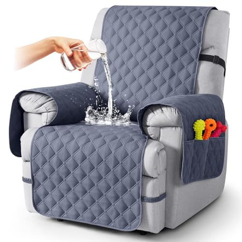 Image of TAOCOCO 100% Waterproof Recliner Covers, Recliner Sofa Covers with Leg Straps, Reversible Recliner Couch Cover for Reclining Chair, Washable Couch Protector for Pets Kids(1 Seater 22 inch, Bluish Gray)