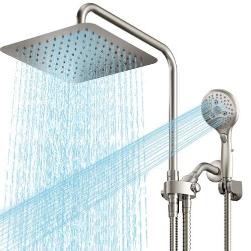 VXV 10 Inch Big Square Rain/Rainfall Shower Head with Adjustable Height, High Pressure 7 Modes Shower Head with Handheld Spray, Brushed Nickel Dual Shower Head Combo with 71