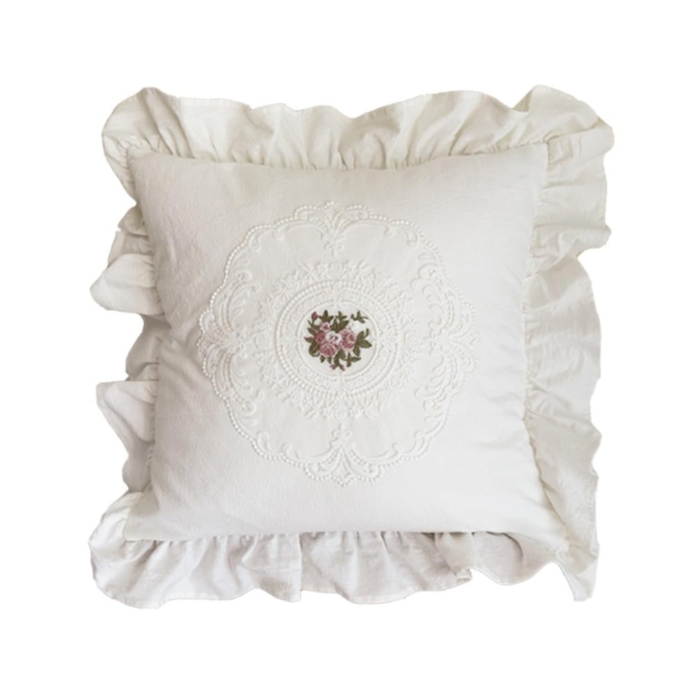 Pillowcases with Ruffles, Lace Embroidery Throw Pillow Covers,Vintage Square Couch Cushion Case, for Home Bed(Style 1)