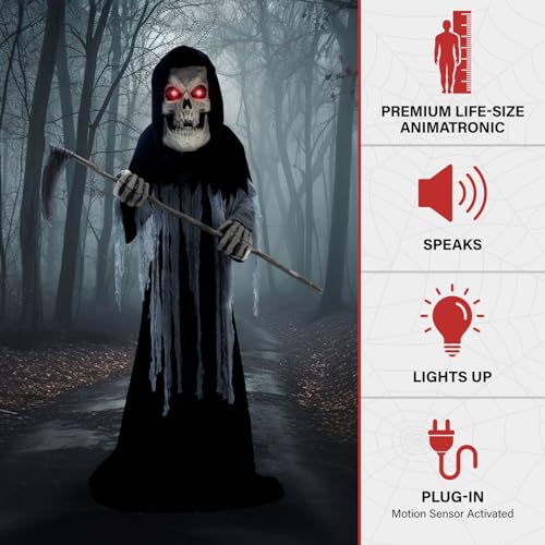 Haunted Hill Farm Motion-Activated 8.5-Ft. Tall Ginormous Reaper, Plug-in Talking Scare Prop Animatronic with Spooky Sound Effects and Lights for Indoor or Covered Outdoor Creepy Halloween Decoration