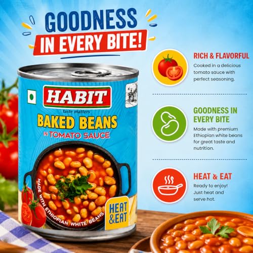 Image of HABIT Baked Beans in Tomato Sauce - 400g x Pack of 1 | Made with Haricot (Navy) Beans Ethiopian beans | Ready-to-Eat | Perfect for Toasties, Curries, Pies & Burgers | Canned Baked beans in tomato sauce