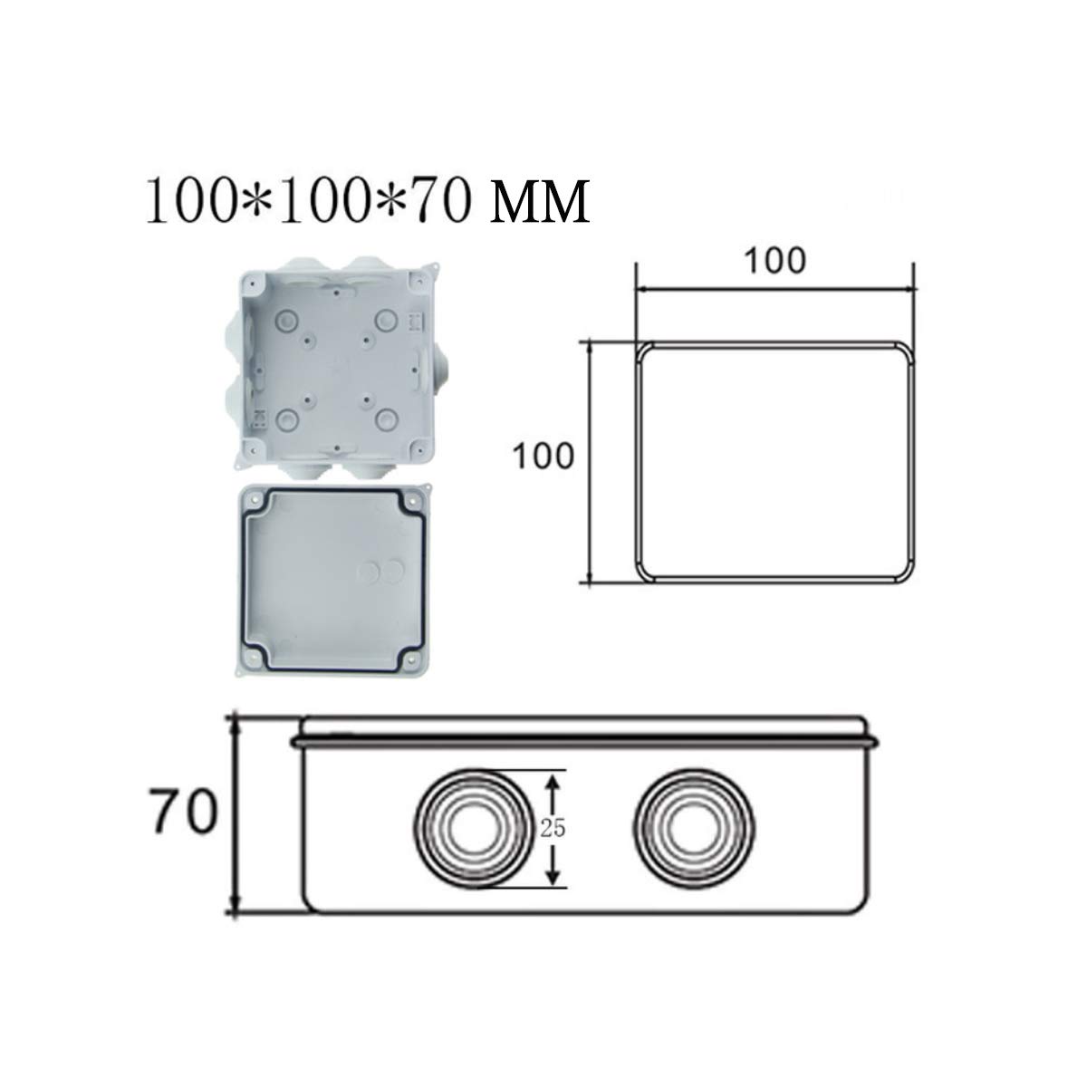 Caja de conexión, 100 x 100 x 70 mm IP55 ABS cuadrado caja de plástico para proyectos de bricolaje caja de empalme para exteriores e interiores (paquete de 1)