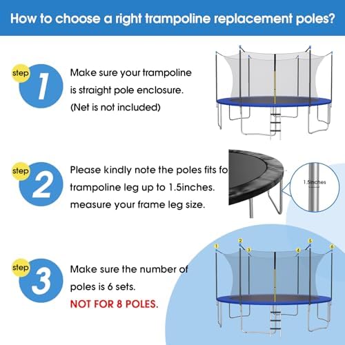Trampoline Enclosure Poles Replacement Kit – Universal 6 Straight Poles & Hardware for 10, 12, 14, 15,16FT Trampoline Frames - 2