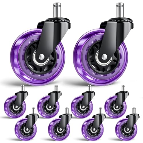Image of 3 Inch Office Chair Wheels, Set of 10 (Purple) | Heavy Duty Replacement Casters for Hardwood Floor & Carpet, Smooth Quiet Roll, Universal 11mm Stem, Non-Marking PU Wheels
