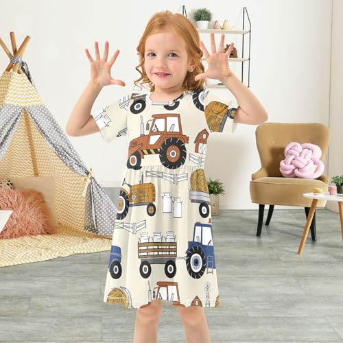 Aflyko Girls Short Sleeve Dress Farm Tractor Toddler Everyday Dresses4