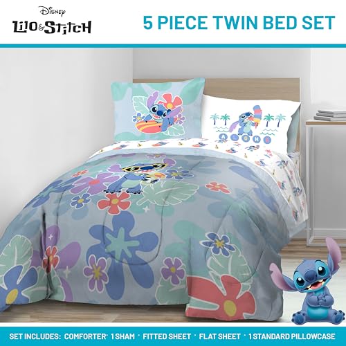 Image of Disney Lilo and Stitch Twin Comforter Set 5 Piece Kids Bedding, Multi | Bed in a Bag, Comforter Sheets Sham Pillowcase, Official Product, Soft Microfiber, Machine Washable, Easy Care, Girls Gift