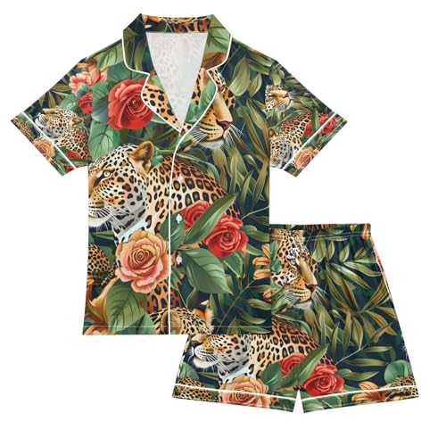 senya Tropical Leopards A Satin Summer Pajama Sets Silk Short Sleeve Button Down Sleepwear
