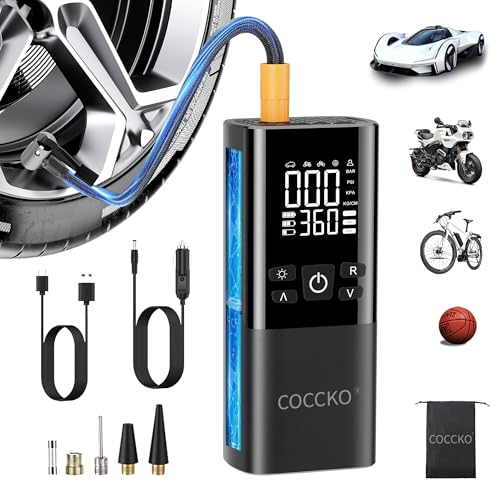 Compresor Aire Portátil,COCCKO 150 PSI Inflador Ruedas Coche,Batería 6000 mAh y 12V DC,Inflador Digital con Función de Luz LED, Hinchador Electrico,para Auto, Moto, Bicicleta y Pelota
