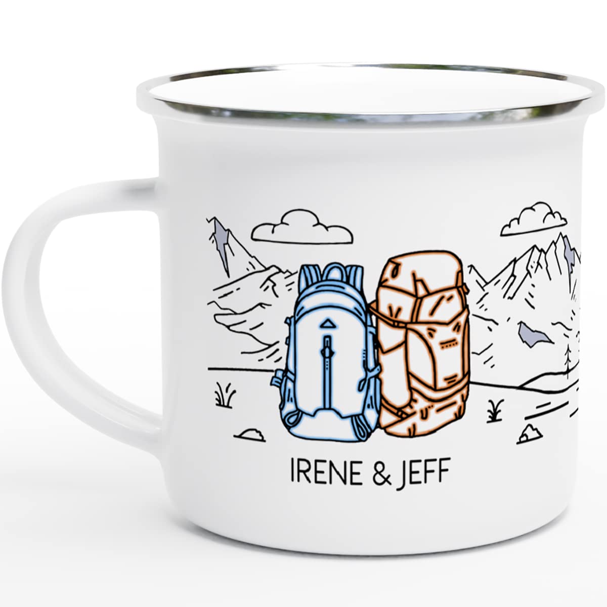 Camping Mug Enamel. Custom Name Ceramic Campfire Coffee Mug. Personalized Wedding Engagement Camp Cup, Christmas Gift for Couple Friend Husband Wife (Backpack Adventure)