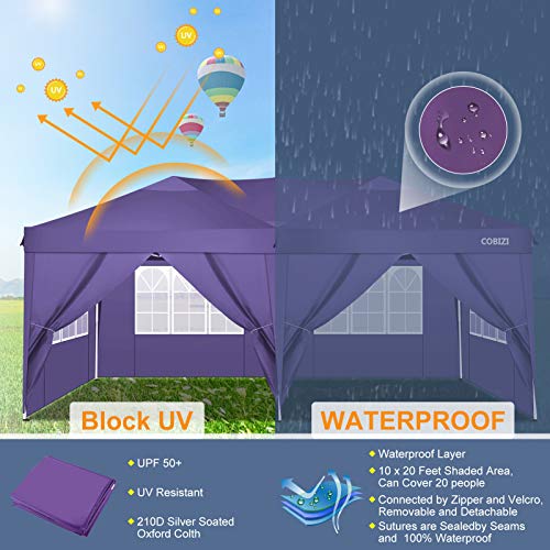Image of COBIZI 10x20 Pop Up Canopy Tent with Sidewall,Outdoor Canopy,Night Purple