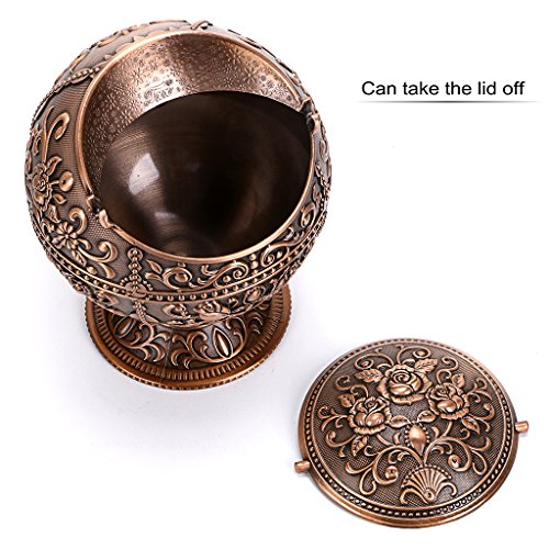 BSTKY Windbestendige vintage asbak met deksel – klassiek burgenpatroon, tafelasbak, voor binnen en buiten, retro, voor thuis, kantoor, als decoratie roodbrons - Image 6