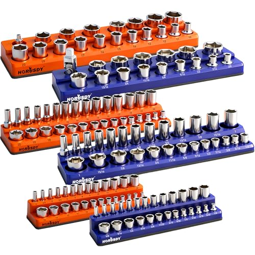 HORUSDY 6-Piece Magnetic Socket Organizer Set, 1/4', 3/8', 1/2' Drive Holders for 143pcs, Magnetic Trays for Socket Storage