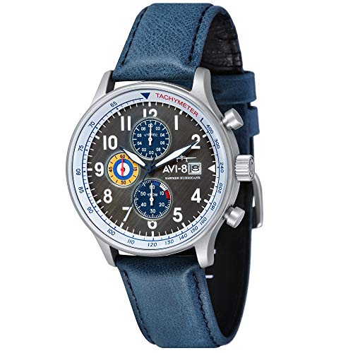 AVI-8 Hawker Hurricane Montre chronographe Classique avec Bracelet en Cuir pour Homme 43,5 mm AV-4011, Fanion Bleu, Chronographe