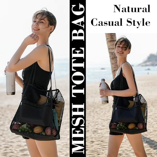 Image of Tavaleu Mesh Beach Bag, Beach Bags for Women, Woven Straw Beach Tote Bag Waterproof with Inner Pocket, Packable Beach Bag