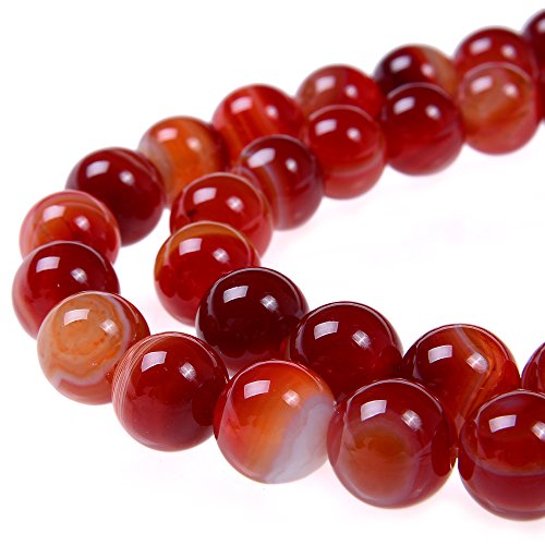 PLTbeads Smooth Round Shape Natural Gemstone Loose Beads for 1 Strand per Bag Approxi 15.5 inch 48-50pcsJewelry Making (8mm, Red Carnelian Stripe Agate)