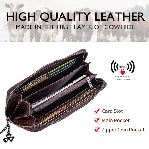 Wallet Genuine Leather for Women - with RFID Blocking Card checkbook ID Slot Large Capacity Vintage style (flower brown)3