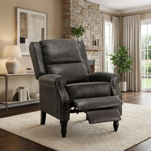Image of Leather Recliner Chair, Pushback Recliner Chair with Overstuffed Arms Lumbar Support, Mid Modern Pushback Recliners Chair with Adjustable Backrest Footrest for Reading, Living Room, Black