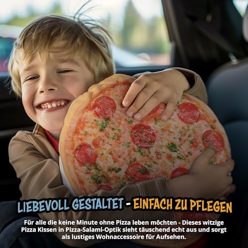 United Labels Pizza Kissen rund, Kopfkissen 40 cm, Sofakissen in Pizzakarton, Dekokissen, lustiges Geschenk für Kinder und Erwachsene