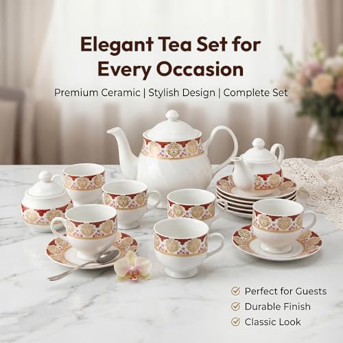 Image of U.P.C. Tea Set with Kettle /Tea Service Set /Tea Kettle Set /Tea Set with Saucer of 15 Pcs (1 Kettle + 6 Saucers+ 6 Cups +1 Milk Pot + 1 Sugar Pot) (Tea Set) (Kettle-Set-TS011)