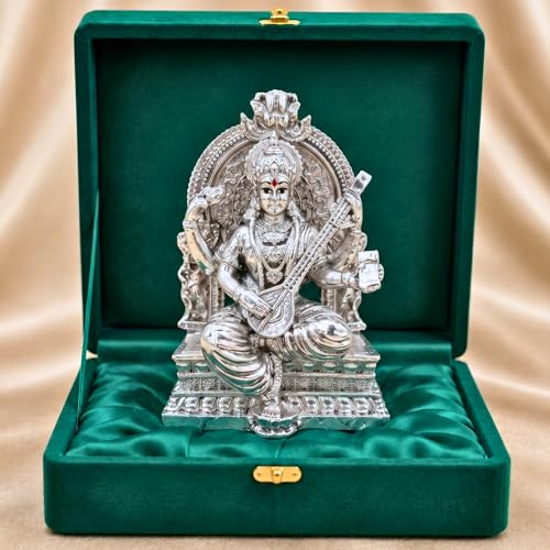 Image of Premium Silver-Plated Saraswati Idol | Saraswati maa Idol for Home Temple | Pooja Room | Study Table | Office Decor | Saraswati maa Murti for Diwali | 3.7 inch
