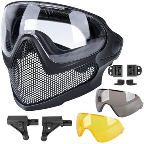 ATAIRSOFT 2 Modes Airsoft Mask Full Face Tactical Safety Protective Mask Anti-Fog Goggles Set with 3 Interchangable Lens (Black) Cover
