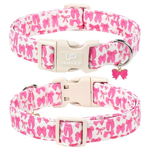 Image of Pink Bowknot Dog Collar, UP URARA PUP Pink Bow Tie Collars for Summer Spring,Adjustable Pet Collar with Quick Release, Colorful Rabbits Dog Collars for Small Medium Large Dogs,L
