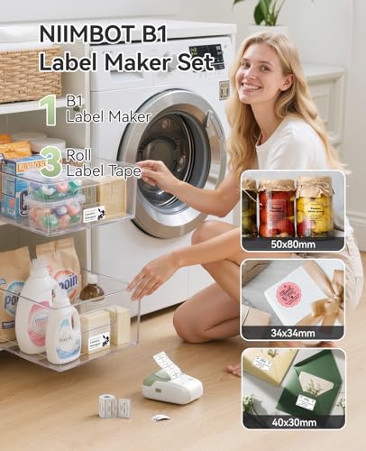Image of NIIMBOT B1 Label Maker Machine with 3 Tapes, 50x30mm White /34x34mm ColorfulB /50x80mm Clear, Bluetooth Thermal Label Printer for Small Business,Office,Home,School (Green, 1 Printer+3 Roll Label)