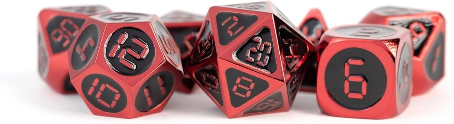 FanRoll - Juego de dados poliédricos de metal de 16 mm, rojo con esmalte negro, dados de juego de rol para Dungeons and Dragons