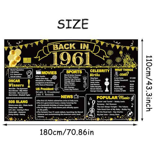 Image of DARUNAXY 65th Birthday Black Gold Party Decoration, Back in 1961 Banner 65 Year Old Birthday Party Poster Supplies Vintage 1961 Backdrop Photography Background for Men & Women 65th Class Reunion Decor