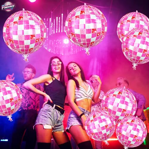 Image of 6pcs 22 Inch Pink Disco Ball Balloons, Shiny Pink Big Disco Foil Balloons