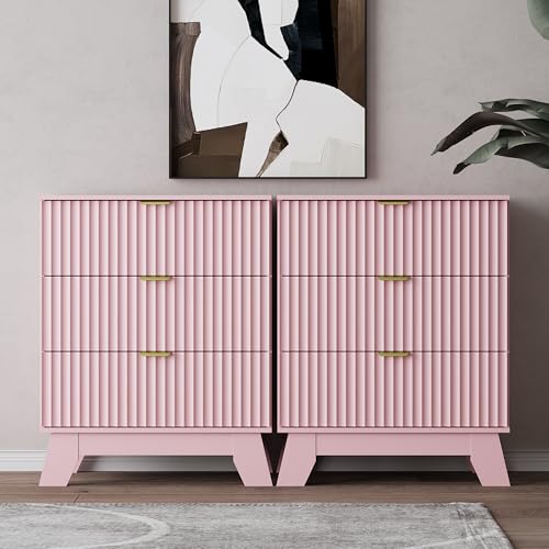 Image of Wodeer Night Stand Set 2, Bedside Table & End Table, Mid Century Modern Fluted Wood Nightstand with 3 Drawers & Metal Handles, Farmhouse Nightstand for Bedroom, Pink