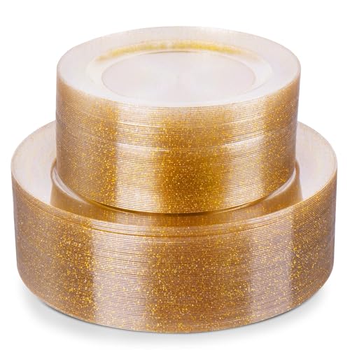 Image of Goodluck 120PCS Gold Plastic Plates, Disposable Gold Glitter Plates