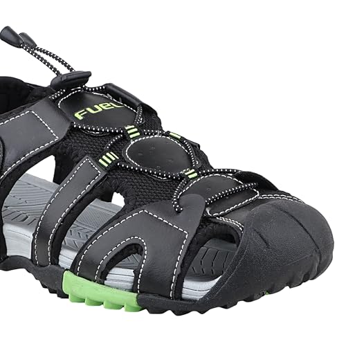 Image of FUEL Warrior Men's Fisherman Sandals - Comfortable, Breathable & Flexible Outdoor Sandals with Protective Toe, Anti-Skid Sole - Stylish Casual Beach & Sports Footwear (Black-P-Green)