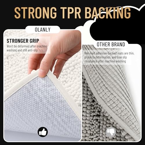 Image of OLANLY Thick Small Bathroom Rugs 24x16, Extra Soft Absorbent Chenille Striped Bath Rugs, Rubber Backing, Machine Wash, Bath Mats for Bathroom Floor, Tub and Shower, Home Decor Accessories, Ivory