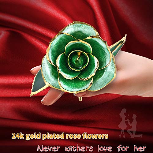 Image of Gift for her Rose, 24k Golden Rose Made from Real Rose Great Gifts for her and Best Gifts for Wife, Green with Stand