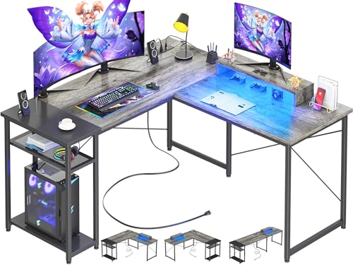Cyclysio L Shaped Desk with LED Light, Reversible L-Shaped Corner Desk with Power Outlets and USB, 83.5'' Large 2 Person Desk with Monitor Stand, 51 Inch L Shaped Gaming Computer Desk, Grey and Black