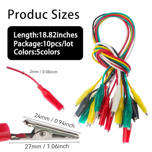 Image of Alligator Clips Electrical, 10Pcs Alligator Clips with Wires Set, 5 Colors Test Leads Cable Double-Ended Clips for Circuit Connection, Power Supply Testing, Jumper Wires Testing (18.87 in)
