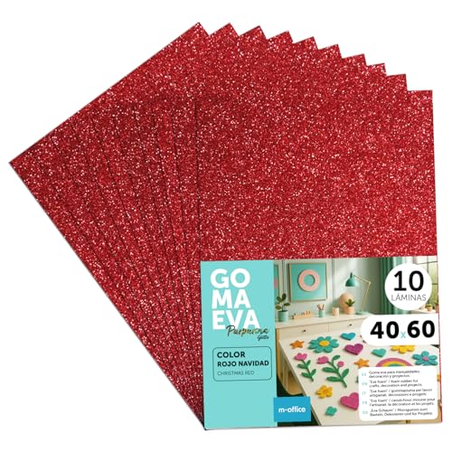 m-office Fogli di Gomma Eva Colorata Glitterata, Gomma Crepla per Scrapbooking, Scuola, Cartoncini Creativi, Lavoretti, Torte Scenografiche, Scuola o Progetti Artistici 40x60cm (Rosso Natale, 10uds)