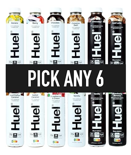 HUEL Ready-to Drink - 500ml - Pick any 6 Bottles - Choose from 15+ Flavours - Banana, Berry, Chocolate, Cinnamon Swirl, Iced Coffee Caramel, Salted Caramel, Strawberries & Cream, Vanilla