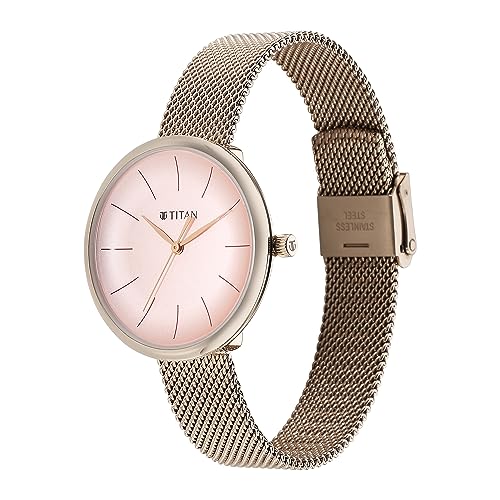 Image of Titan Slimline Quartz Analog Pink Dial Rose Gold Stainless Steel Strap Watch for Women-NS95182WM01