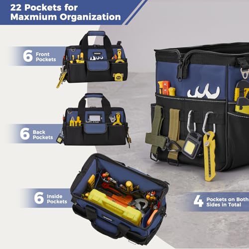Image of 18-Inch Heavy Duty Tool Bag, 22 Pockets Empty Tool Box Organizer Storage, Soft Large Tote Toolbox Organization Portable Handle Carry Drill Toolbag for Handyman Home DIYer, Dad Men Gifts, Blue