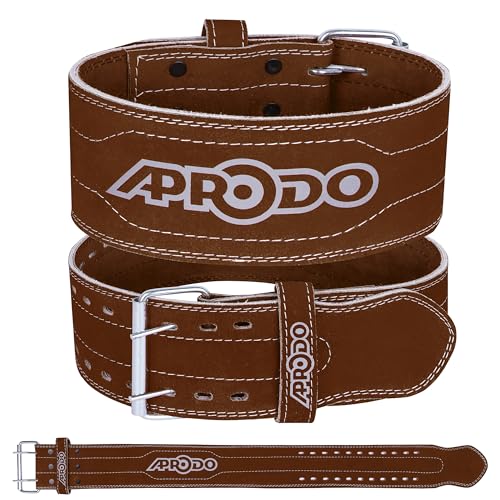 Aprodo Gym Belt for Men and Women Workout with Secure Double Prong Buckle | 5mm Thick Suede Leather Professional Belt For Heavy Weight-Lifting, Powerlifting, Bodybuilding, Squatting and Strength Training (Brown, S)